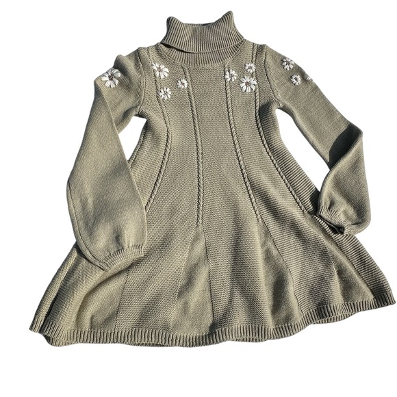 Cupcakes and Cashmere Other - Cupcakes and Cashmere Kids Sage Green Daisy Embroidered Turtleneck Sweater Dress
